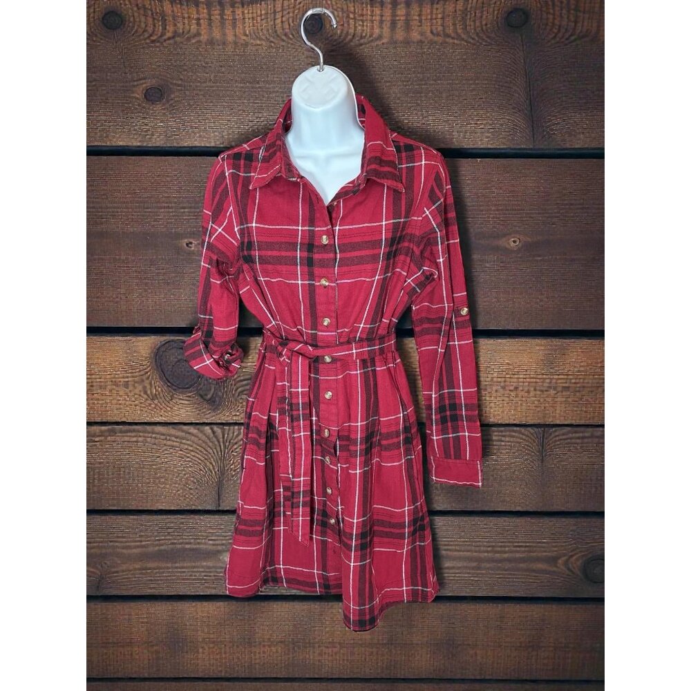 Stillwater Supply Co. Red Plaid Button-Down Belted Shirt Dress M Cotton Blend Wo - Picture 2 of 13